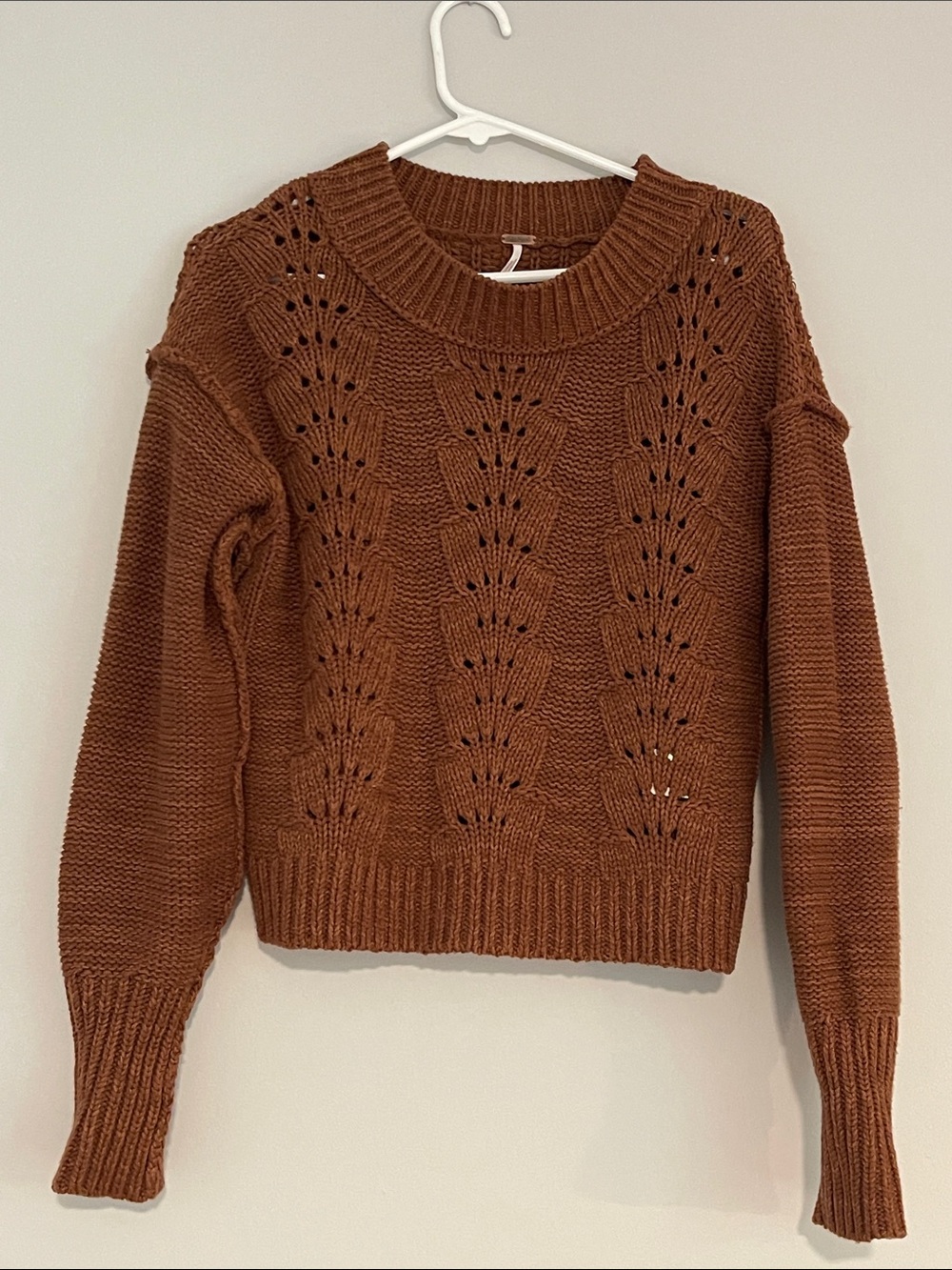 Free People Rust Brown Knit Openwork Crewneck Sweater - Women